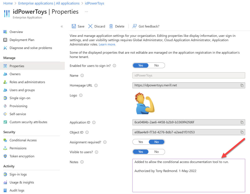 Adding an administrative note to a service principal.