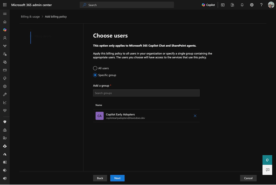 Figure 2: Scoping a pay-as-you-go billing policy to a set of users