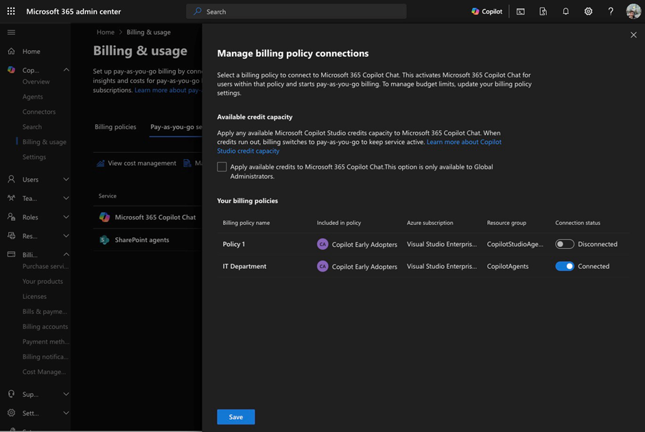 Figure 3 - Enabling Copilot Chat for a billing policy in Microsoft 365 Admin Centre