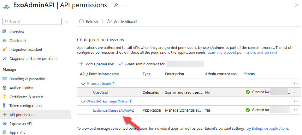 Details of an Entra ID registered app used with the Exchange Admin API.