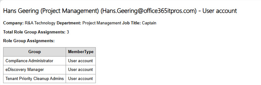 Details of an individual user account and their Purview role group assignments.
