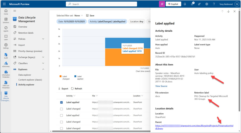 The Activity Explorer reports details of Priority cleanup progress