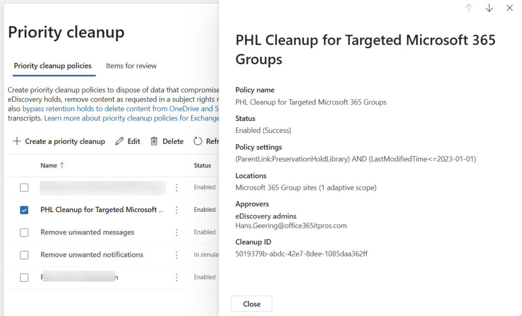 Properties of an active Priority cleanup policy for SharePoint Online.
