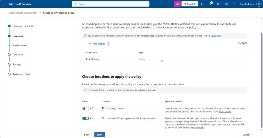Configuring a Priority cleanup policy for SharePoint and OneDrive.
