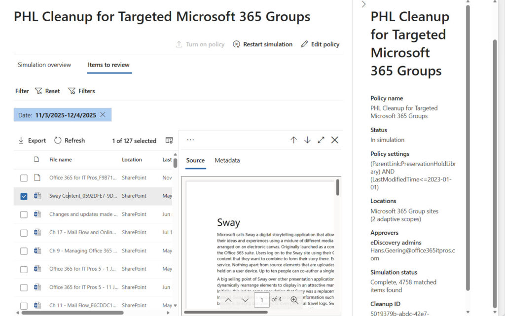 Viewing the result of a Priority cleanup policy simulation.