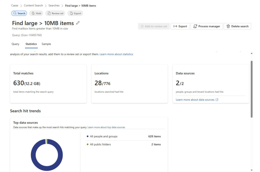 Results of a content search to find mailbox items larger than 10 MB.