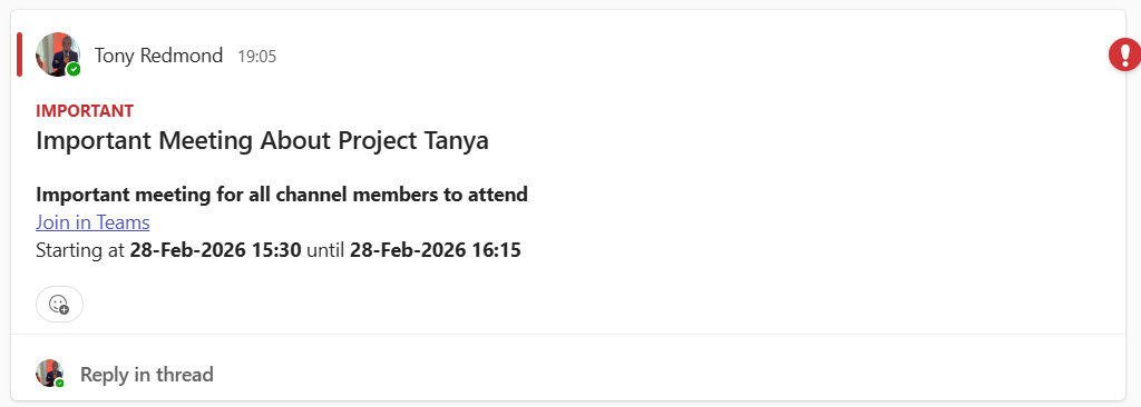 Announcing a channel meeting through a channel post.