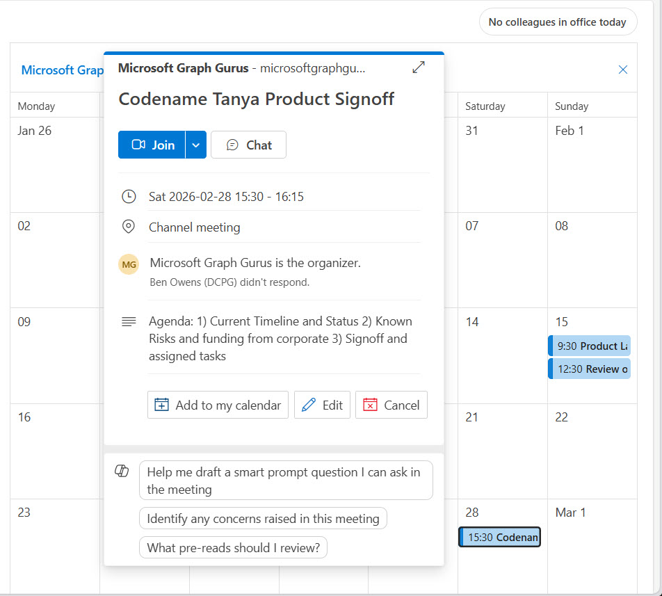 A meeting scheduled in a group calendar.